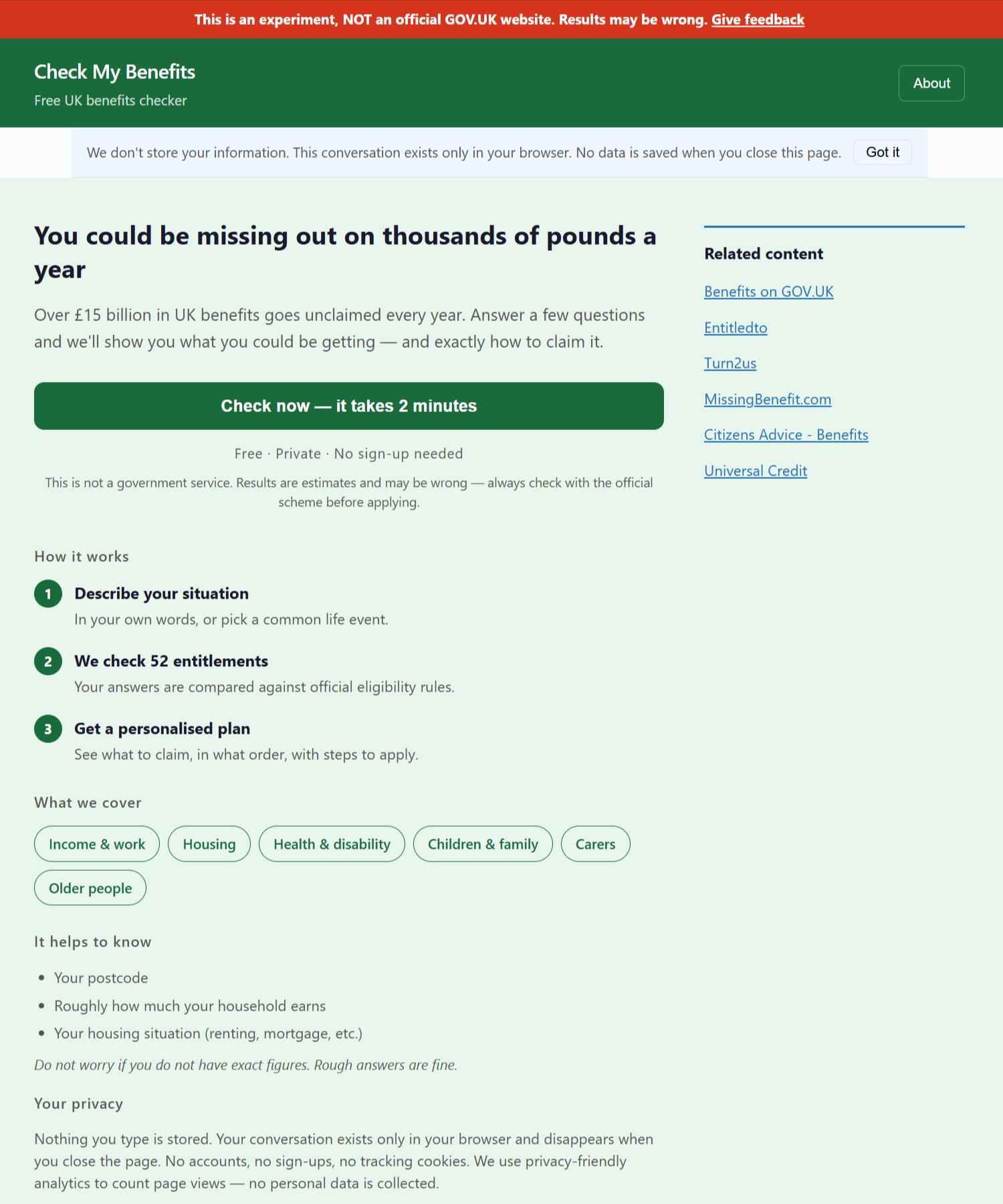 Check My Benefits results screen